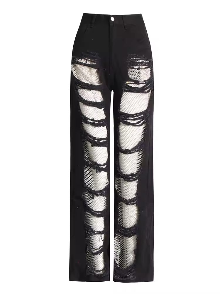 RAVAGE Yırtık File Detaylı Denim Pantolon