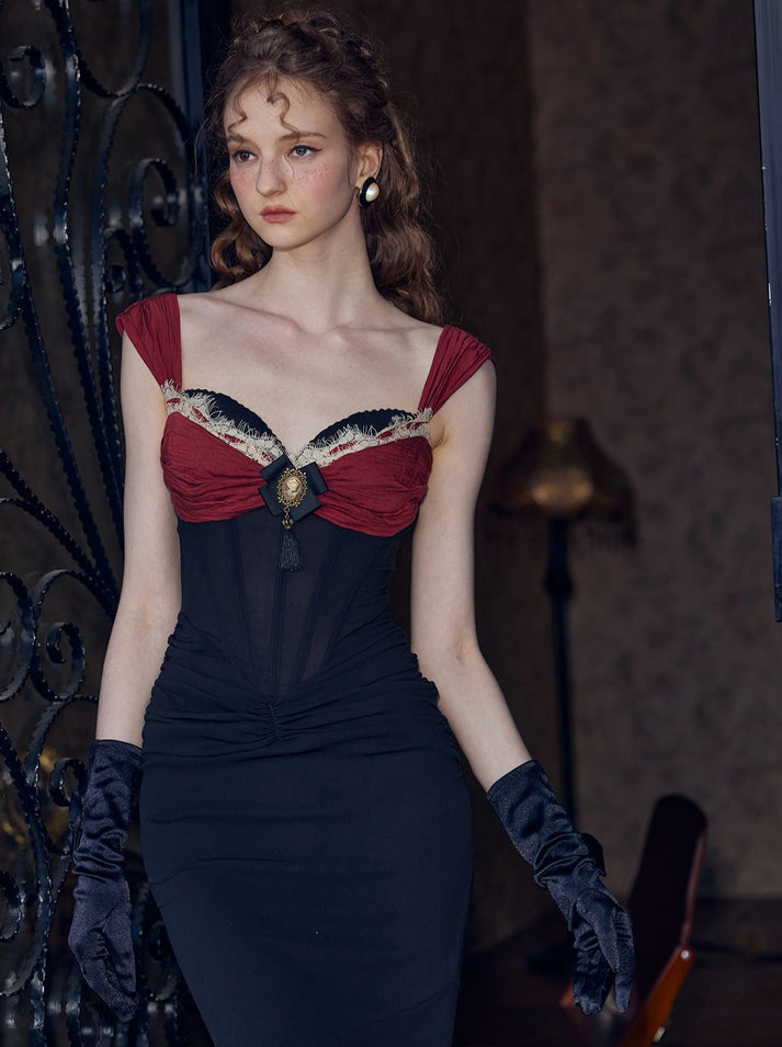 VALENTINA Siyah Ve Bordo Vintage Korseli Elbise