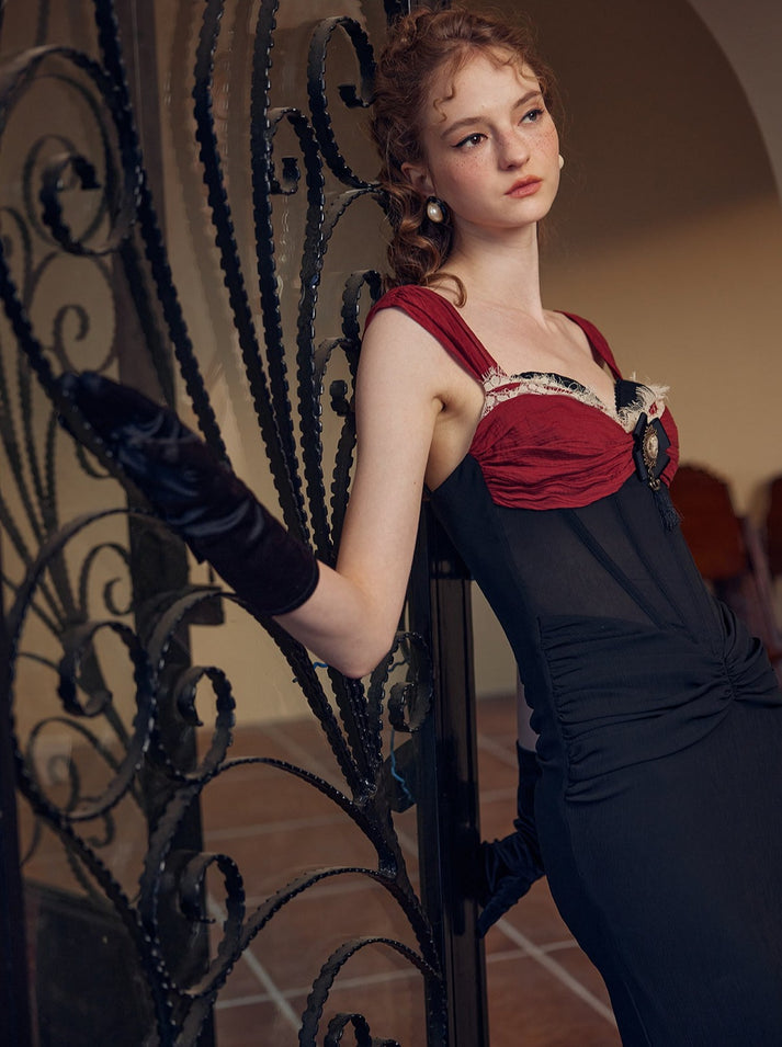 VALENTINA Siyah Ve Bordo Vintage Korseli Elbise