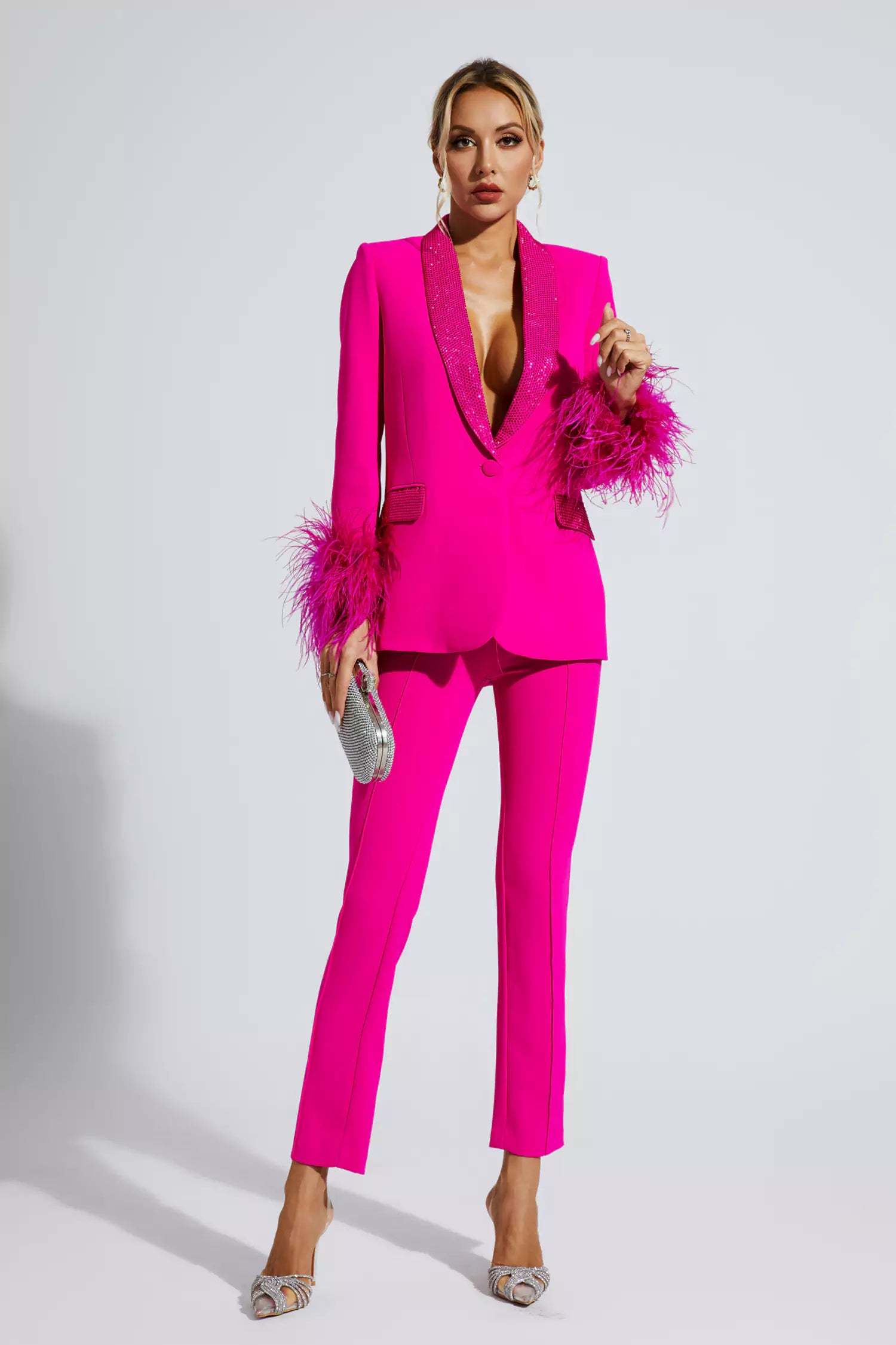 FLAIREX - Fuşya Tüylü Kenarlı Elmas Blazer Takım