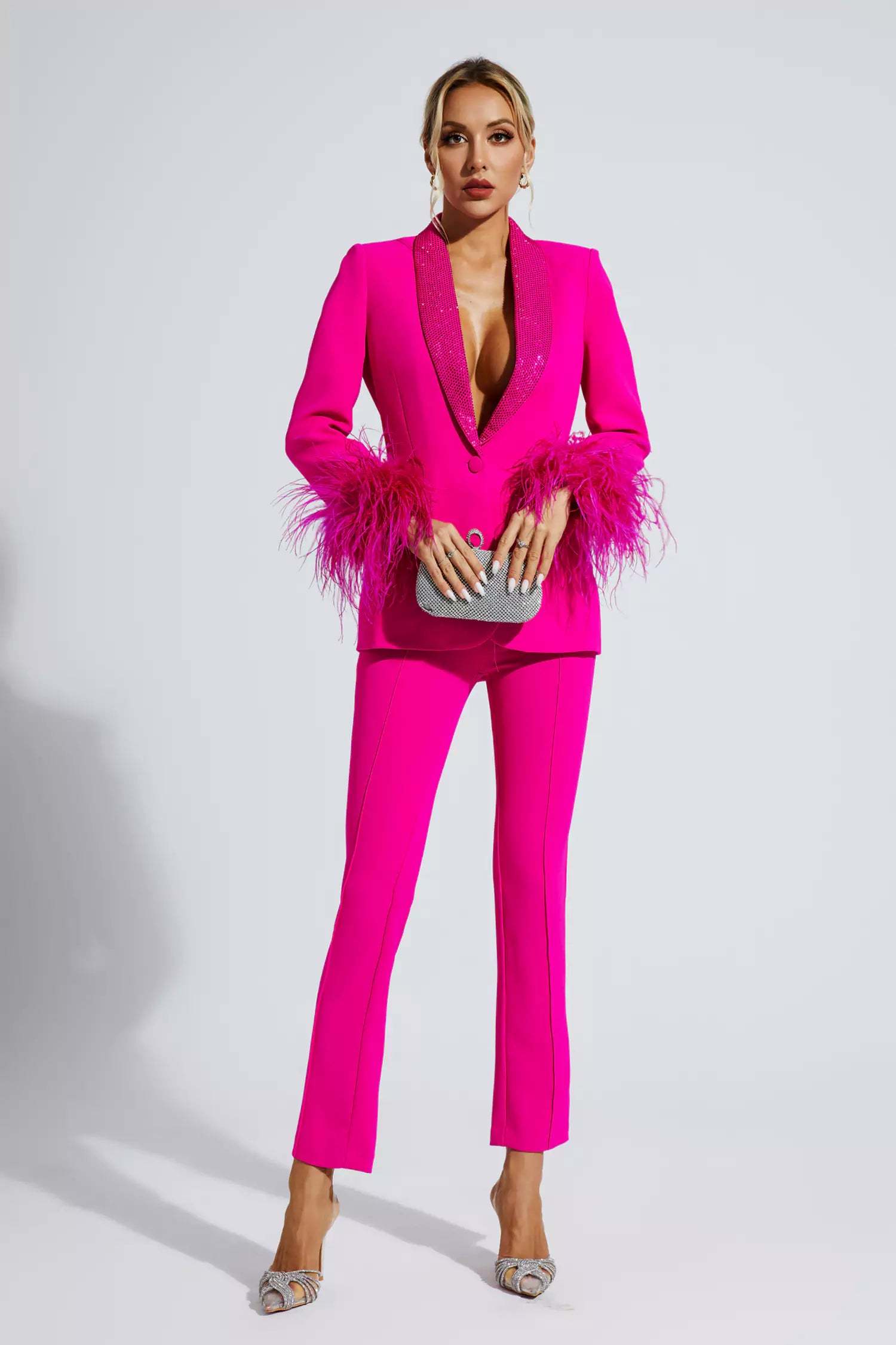 FLAIREX - Fuşya Tüylü Kenarlı Elmas Blazer Takım