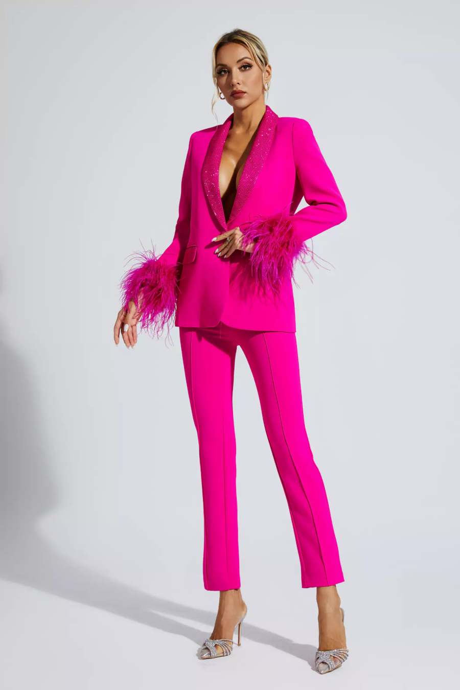 FLAIREX - Fuşya Tüylü Kenarlı Elmas Blazer Takım