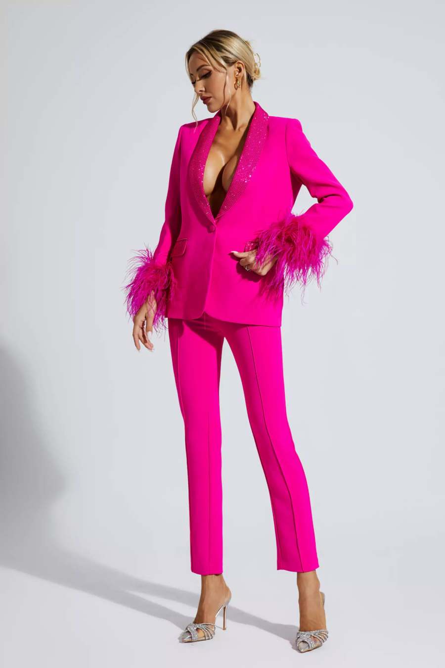 FLAIREX - Fuşya Tüylü Kenarlı Elmas Blazer Takım