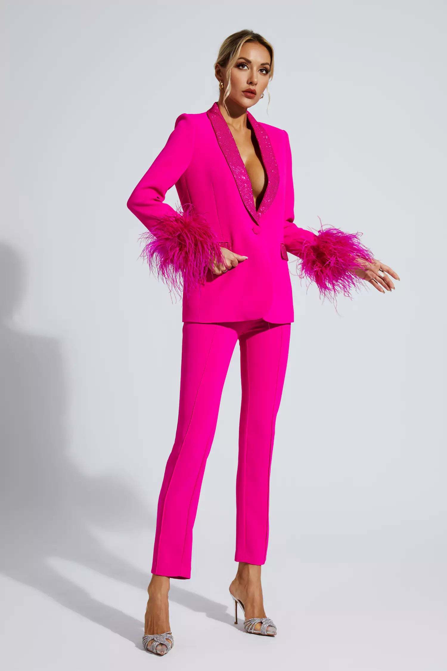 FLAIREX - Fuşya Tüylü Kenarlı Elmas Blazer Takım