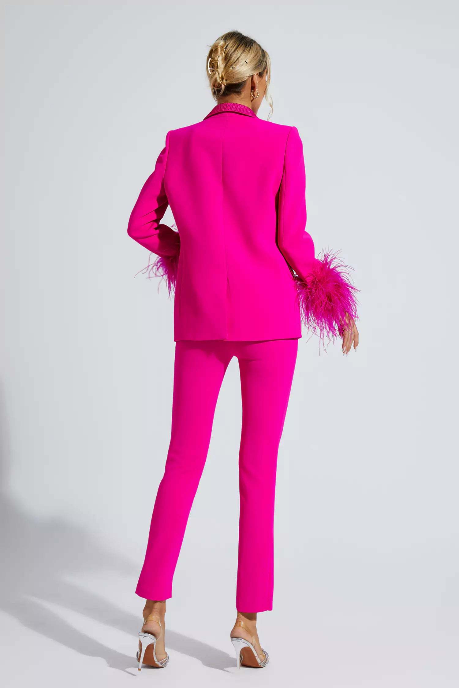 FLAIREX - Fuşya Tüylü Kenarlı Elmas Blazer Takım