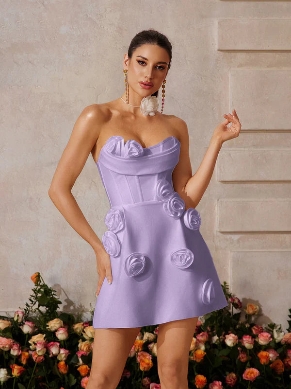 MATHILDE Straplez Korse Detaylı Mini Mor Elbise