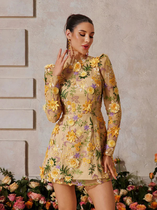 GIVERNY Çiçek İşlemeli Tül Mini Elbise