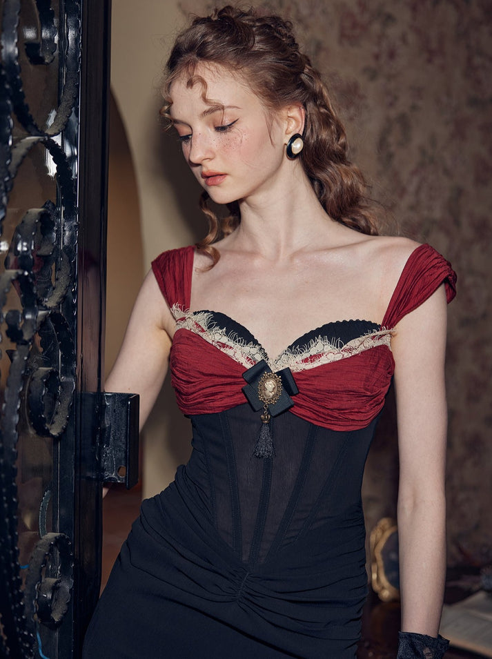 VALENTINA Siyah Ve Bordo Vintage Korseli Elbise