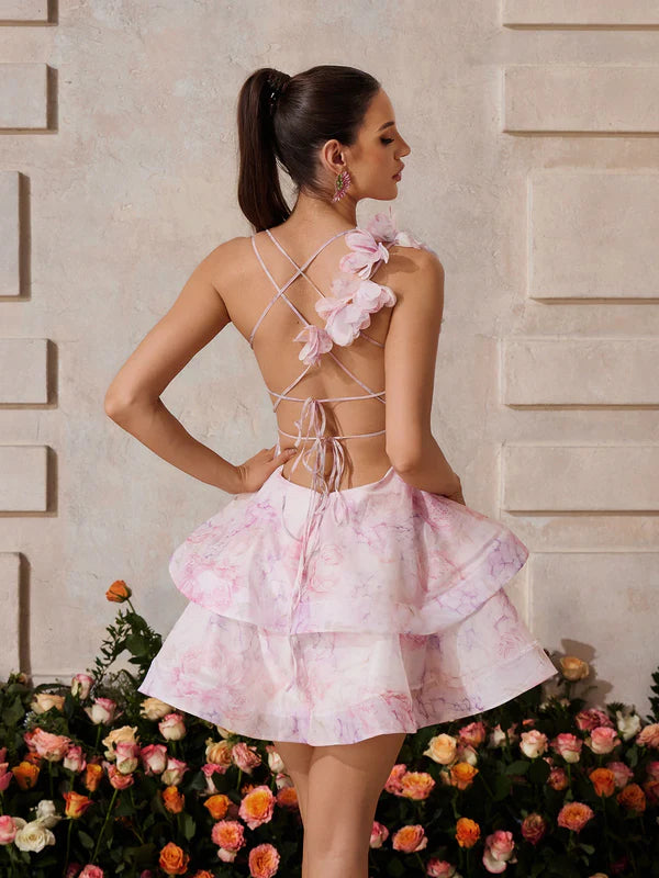 NYMPH Sırtı Açık Çiçek Aplikeli Mini Pembe Elbise