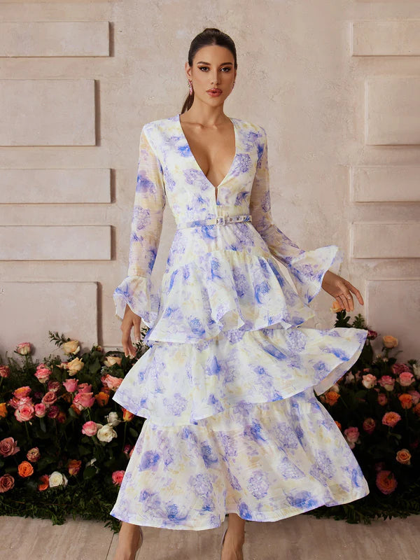WISTERIA Uzun Kollu Desenli Maxi Elbise