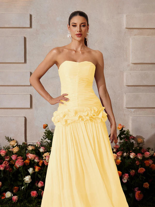 SABINE Straplez Drapeli Maxi Elbise
