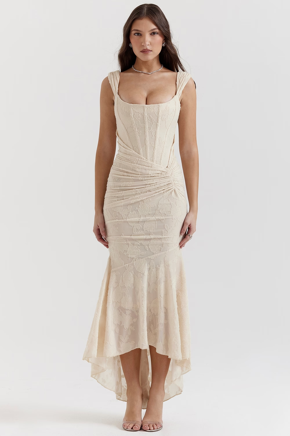 KATERİNA - Vintage Krem Çiçekli Elbise