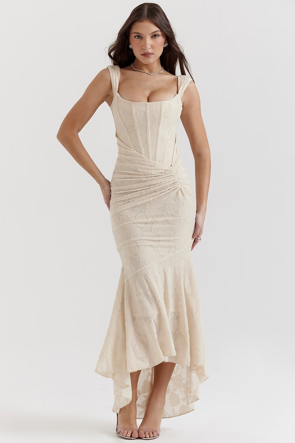 KATERİNA - Vintage Krem Çiçekli Elbise