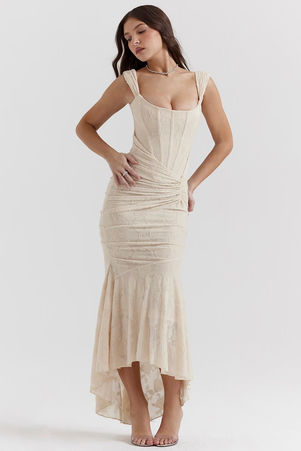 KATERİNA - Vintage Krem Çiçekli Elbise